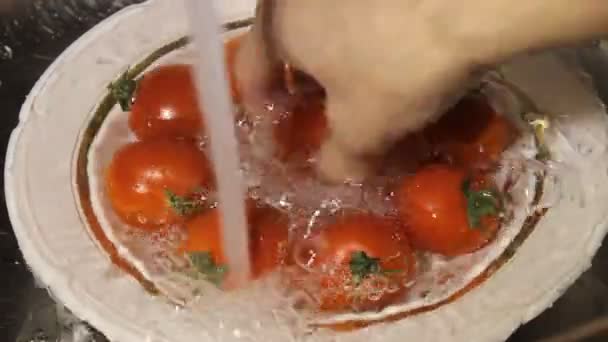 Washing Cherry Tomatoes under Running Water — Stock Video