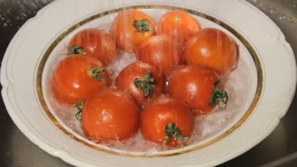 Agua que vierte sobre los tomates frescos — Vídeos de Stock