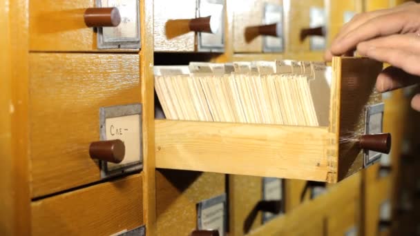 Человек ищет книгу в каталоге библиотечных карточек — стоковое видео