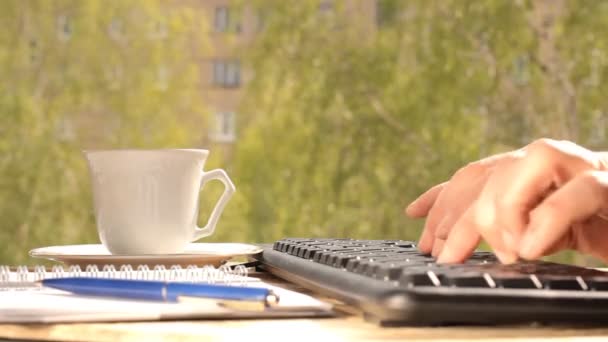 Handen typen op toetsenbord, buitenshuis — Stockvideo