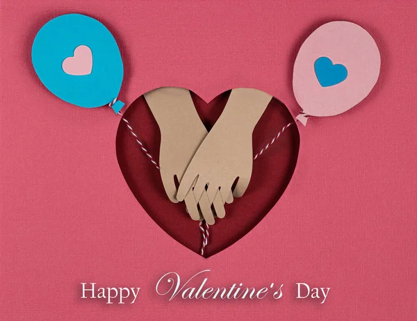 Valentines Day card. Creative paper cut background with paper balloons and look of the lovers hands. — Stock Photo, Image