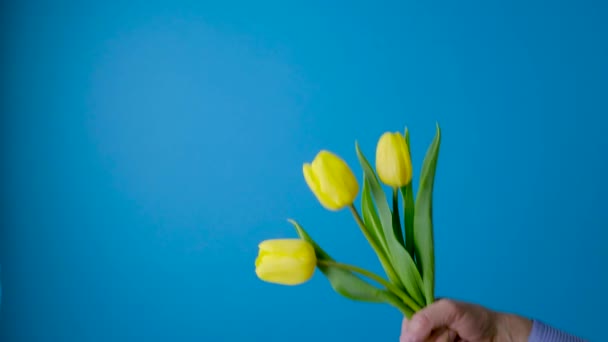 Букет тюльпанів. Чоловік з букетом жовтих тюльпанів. Чоловік дарує букет квітів . — стокове відео