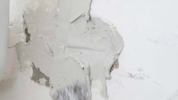 Plasterer man holding putty knife is spackling patching a hole in white wall. — Stock Video