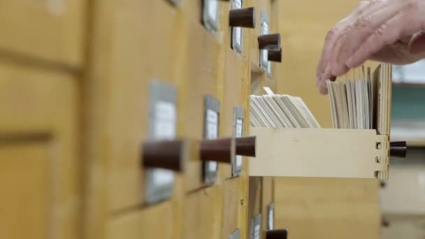 4K. Cartes de catalogue dans la bibliothèque. Un homme cherche des informations dans un classeur. — Video