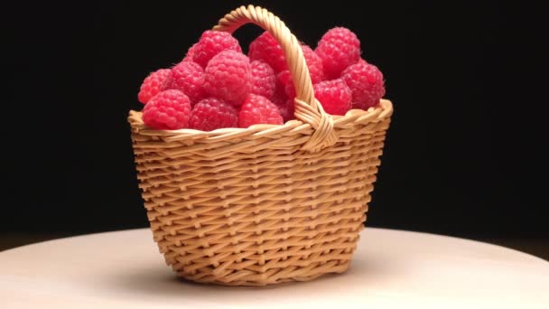 Ripe Raspberries Wicker Basket Rotate Black Background Close Pile Ripe — Stock Video