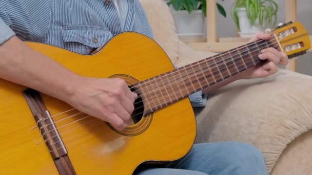 シニアマンはアコースティックギターを演奏し、アパートのリビングルームで歌います — ストック動画