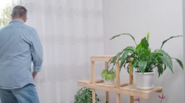 Kıdemli adam raflara çiçek koyar. Evin içini dekore eden dekoratör
