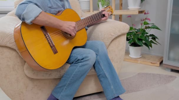 Senior man plays acoustic guitar and sings in apartment living room — Stock Video