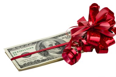 Bir kırmızı yay ile bağlı dolar