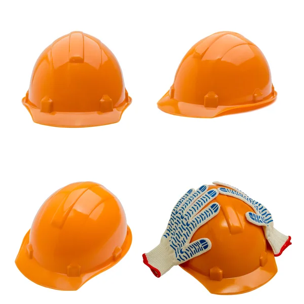 Set bouw helm geschoten op wit wordt geïsoleerd — Stockfoto