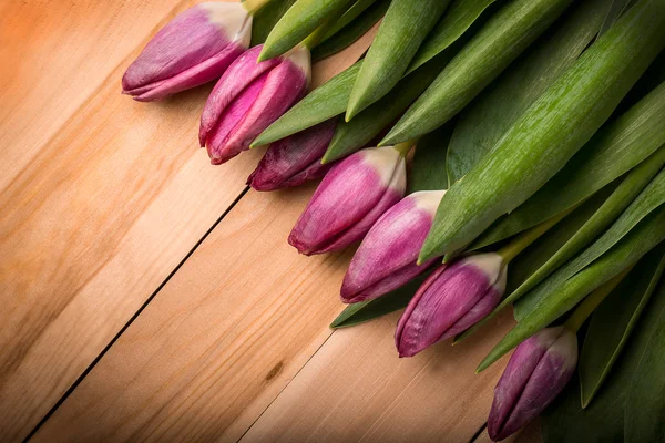 Růžové tulipány na dřevěné pozadí. Kopírovat prostor — Stock fotografie