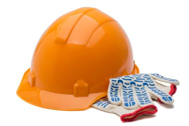 İnşaat kask ve beyaz bitti izole eldivenler,