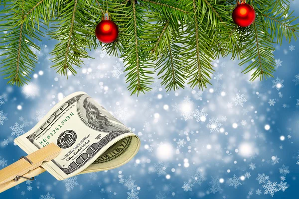 Pengar på jul bakgrund. Kopiera utrymme — Stockfoto