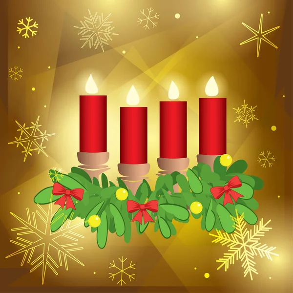 Advent Candles Fir Branches Golden Abstract Background Vector Illustration — Stock Vector