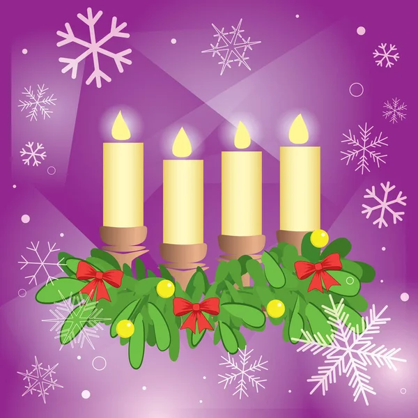 Candles Fir Branches Purple Abstract Background Vector Illustration — Stock Vector