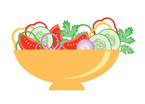 Salada Fresca Com Tomates Pepinos Cebola Tigela Ilustração Vetorial — Vetor de Stock