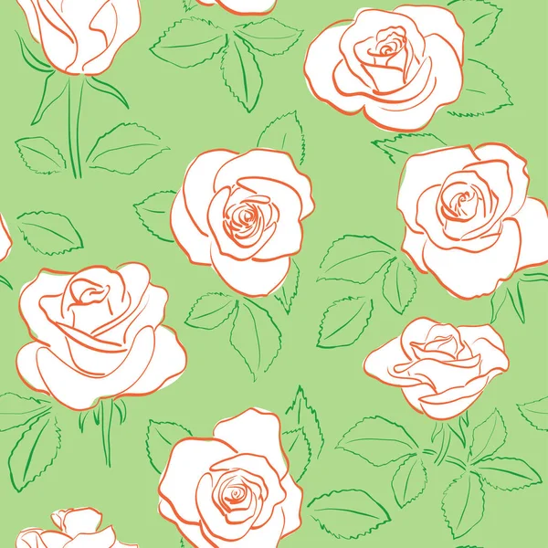 Patrón Inconsútil Verde Con Siluetas Rosas Blancas Vector Fondo Floral — Vector de stock