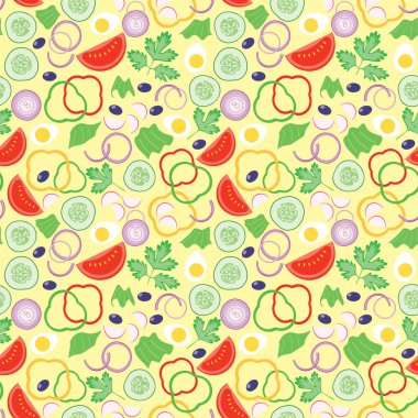 Domatesli, salatalıklı, soğanlı ve yumurtalı sarı pürüzsüz desen - vektör çizimi