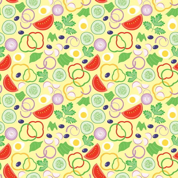 Patrón Amarillo Sin Costura Con Tomates Pepinos Cebolla Huevos Ilustración — Vector de stock