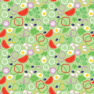 domatesli, salatalıklı ve yumurtalı yeşil pürüzsüz desen - vektör arkaplan