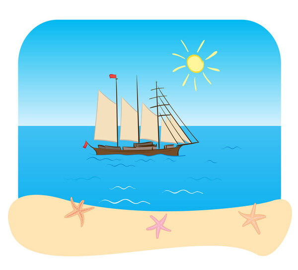 blue sea and sailing vessel - vector illustration of summer vacation