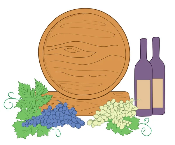Houten Vat Wijn Met Wijnflessen Druiven Vector — Stockvector