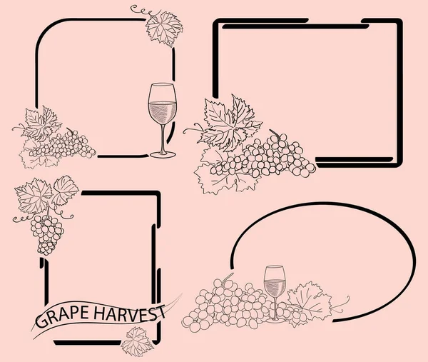 Decoratieve Lijsten Met Druiven Wijnglas Vectorelementen Voor Druivenoogst — Stockvector