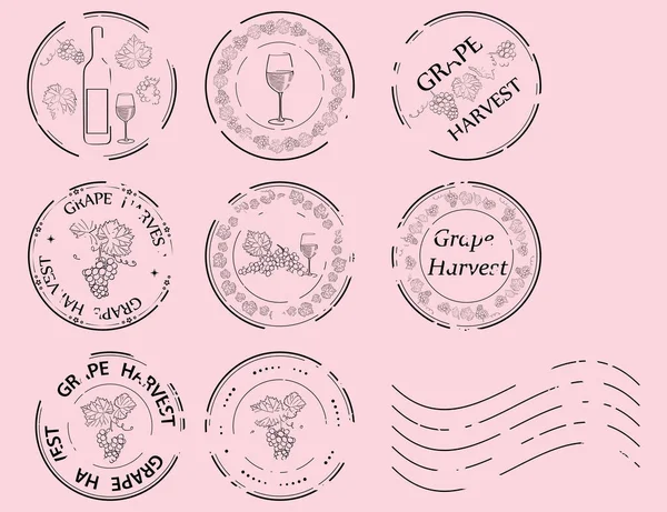 葡萄收获 带有葡萄和酒杯的向量深褐色印花邮票 — 图库矢量图片