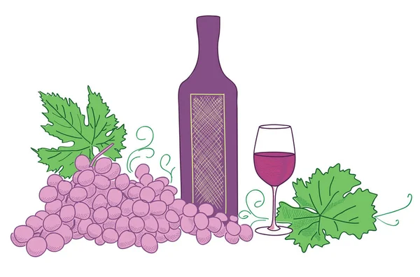 Fles Rode Wijn Met Wijnglas Rooskleurige Druif Vector — Stockvector