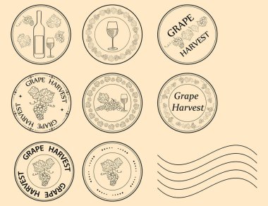 Üzüm hasadı - üzümlü ve şarap kadehli vektör baskısı