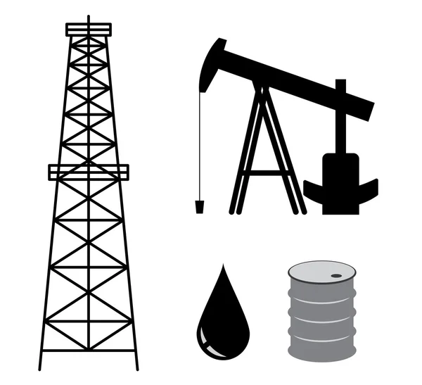 Olja derrick med pump och fat - vektor set — Stock vektor