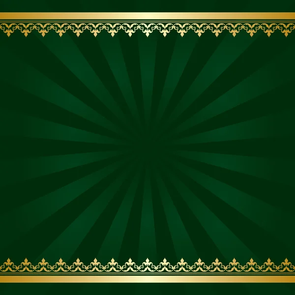 濃い緑色の背景金色の装飾と光線 - ベクトル — ストックベクタ