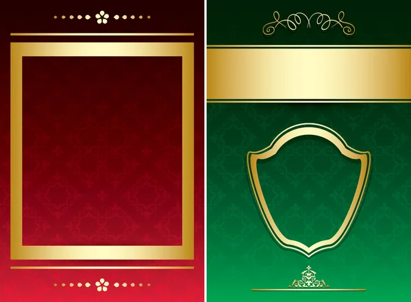 Red and green vintage backgrounds with gold decorative ornaments — Stock Vector