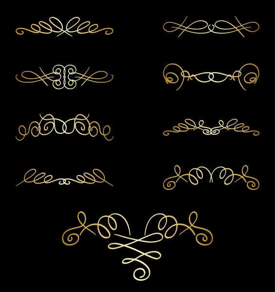 Oro elementos rizados en negro - conjunto de vectores — Vector de stock