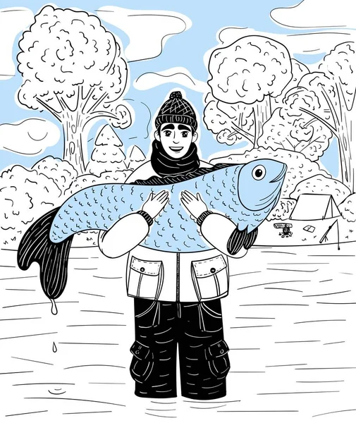 Ψαράς Έπιασε Ένα Μεγάλο Ψάρι Stock Διανυσματική Απεικόνιση Για Σχεδιασμό — Διανυσματικό Αρχείο