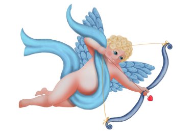 Oklu ve yaylı aşk tanrısı, tasarım ve dekorasyon için stok çizimi, karikatür stili, sevgililer günü teması, kartpostal, pankart, arkaplan