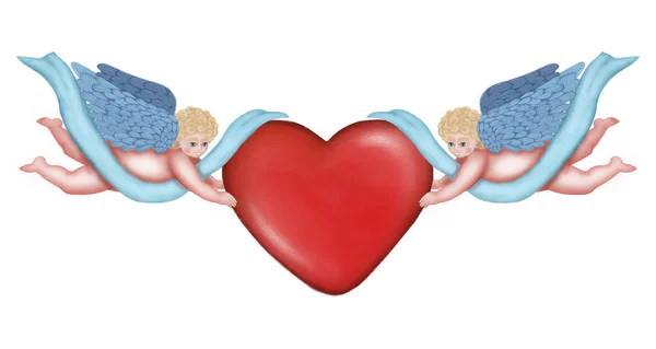 Two Angels Holding Red Heart Raster Stock Illustration Design Decoration — Stock Photo, Image