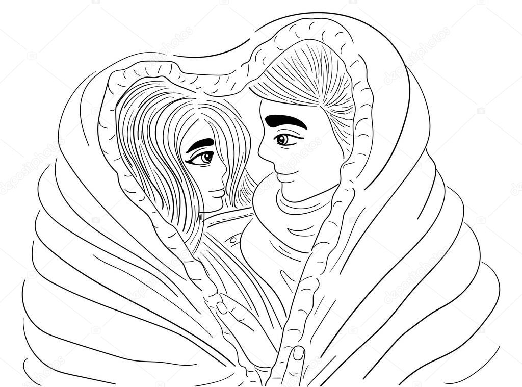 Couple in love hugging under one blanket, black outline drawing isolated on white background, stock vector illustration for design and decor
