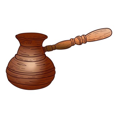 Kahve makinesi, cezva, tasarım ve dekor için ahşap saplı bakır renk vektör illüstrasyonu, çıkartma, poster, şablon, bakır tencere