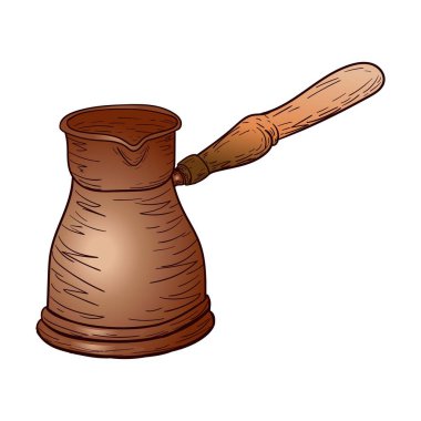 Kahve makinesi, cezva, tasarım ve dekor için ahşap saplı bakır renk vektör illüstrasyonu, çıkartma, poster, şablon, bakır tencere