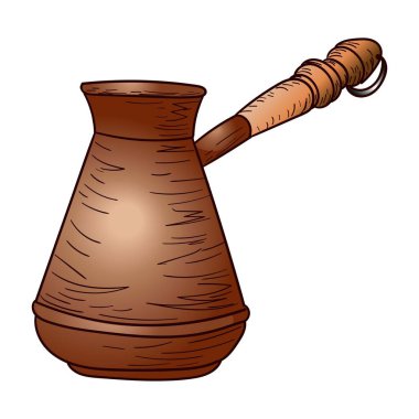 Kahve makinesi, cezva, tasarım ve dekor için ahşap saplı bakır renk vektör illüstrasyonu, çıkartma, poster, şablon, bakır tencere