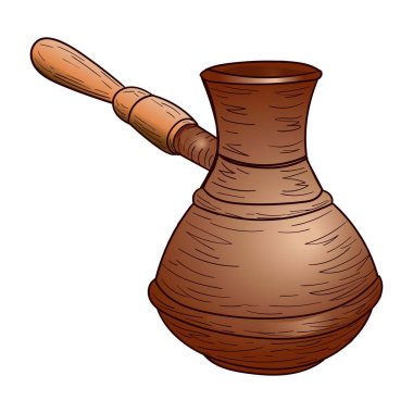 Kahve makinesi, cezva, tasarım ve dekor için ahşap saplı bakır renk vektör illüstrasyonu, çıkartma, poster, şablon, bakır tencere