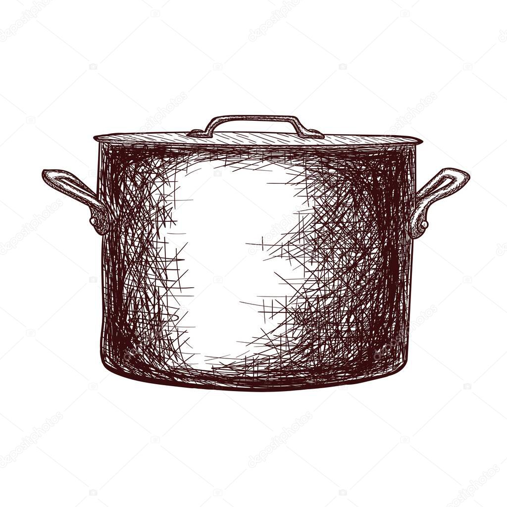 Sketch of a saucepan with a lid contour drawing isolated on white background, stock vector illustration, for design and decoration, sticker, template, vintage, banner, copper cookware