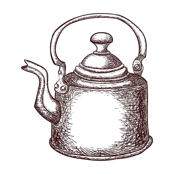 Copper Teapot Sketch Style Outline Drawing Isolated White Background Stock — Stock Vector