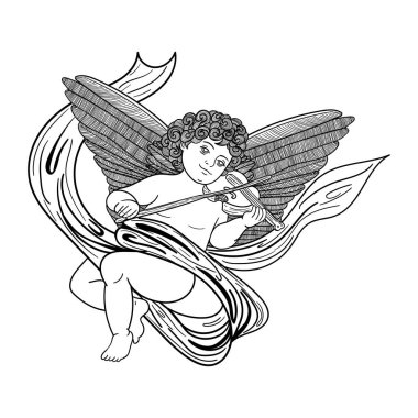 Keman çalan Anlel, beyaz arkaplanda izole edilmiş siyah çizim, tasarım ve dekor için stok vektör çizimi, çıkartma, tırnak, poster, pankart, çizim