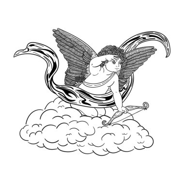 Ok ve yay ile bir bulut üzerinde anlel, beyaz arkaplanda izole siyah renk taslağı, tasarım ve dekorasyon için stok vektör çizimi, çıkartma, clipart, poster, pankart