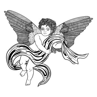 Şirin melek sinekleri, beyaz arkaplanda izole edilmiş siyah renk çizimi, tasarım ve dekor için stok vektör çizimi, çıkartma, tırnak, poster, pankart