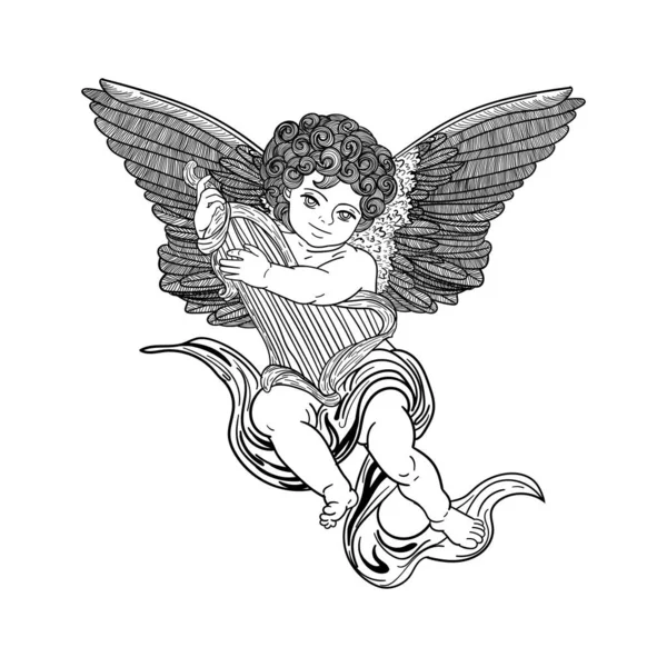 Arp çalan melek, beyaz arkaplanda izole siyah çizim, tasarım ve dekorasyon için stok vektör illüstrasyonu, çıkartma, tırnak, poster, pankart