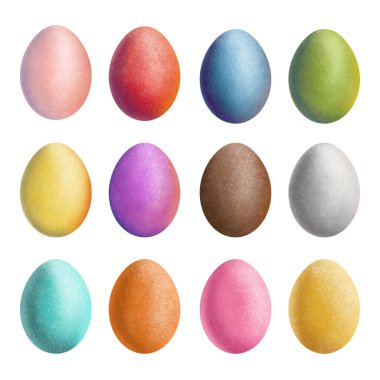 Farklı renkte Paskalya yumurtaları, pembe, kırmızı, mavi, yeşil, sarı, kahverengi, gümüş, altın, turkuaz, mercan, tasarım ve dekor için stok çizimi,