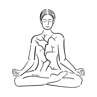 Kız, beyaz arka planda, çatlaklar, kintsugi, dizayn ve dekorasyon için stok vektör illüstrasyonu, baskı, şablon, pankart ile izole edilmiş siyah kontur meditasyonu yapıyor